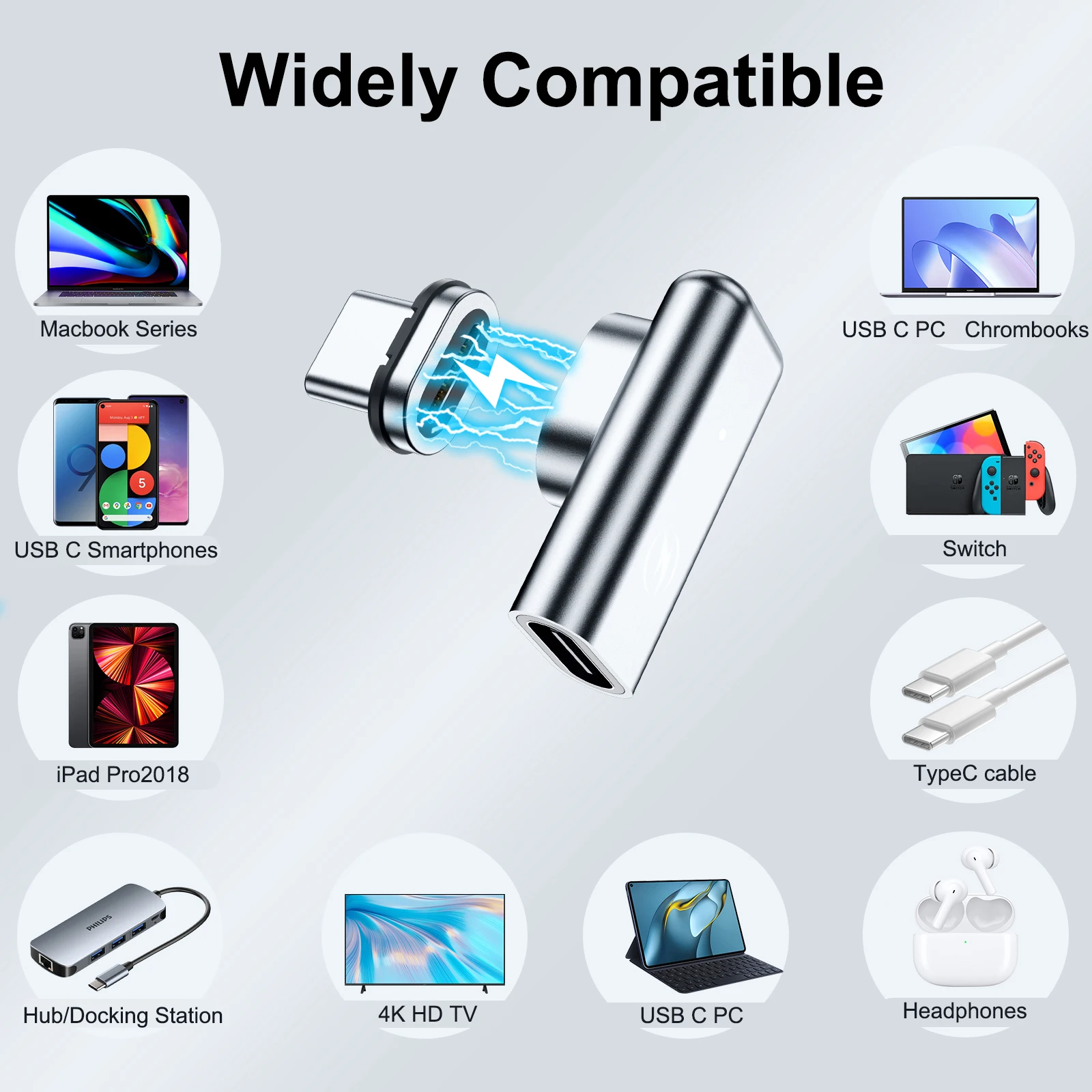 ANMONE 24Pins USB C อะแดปเตอร์ 마그네틱 커넥터 ประเภท C Converter PD 100W Quick Charge สำหรับ MacBook pro สำหรับ Huawei สำหรับ Samsung