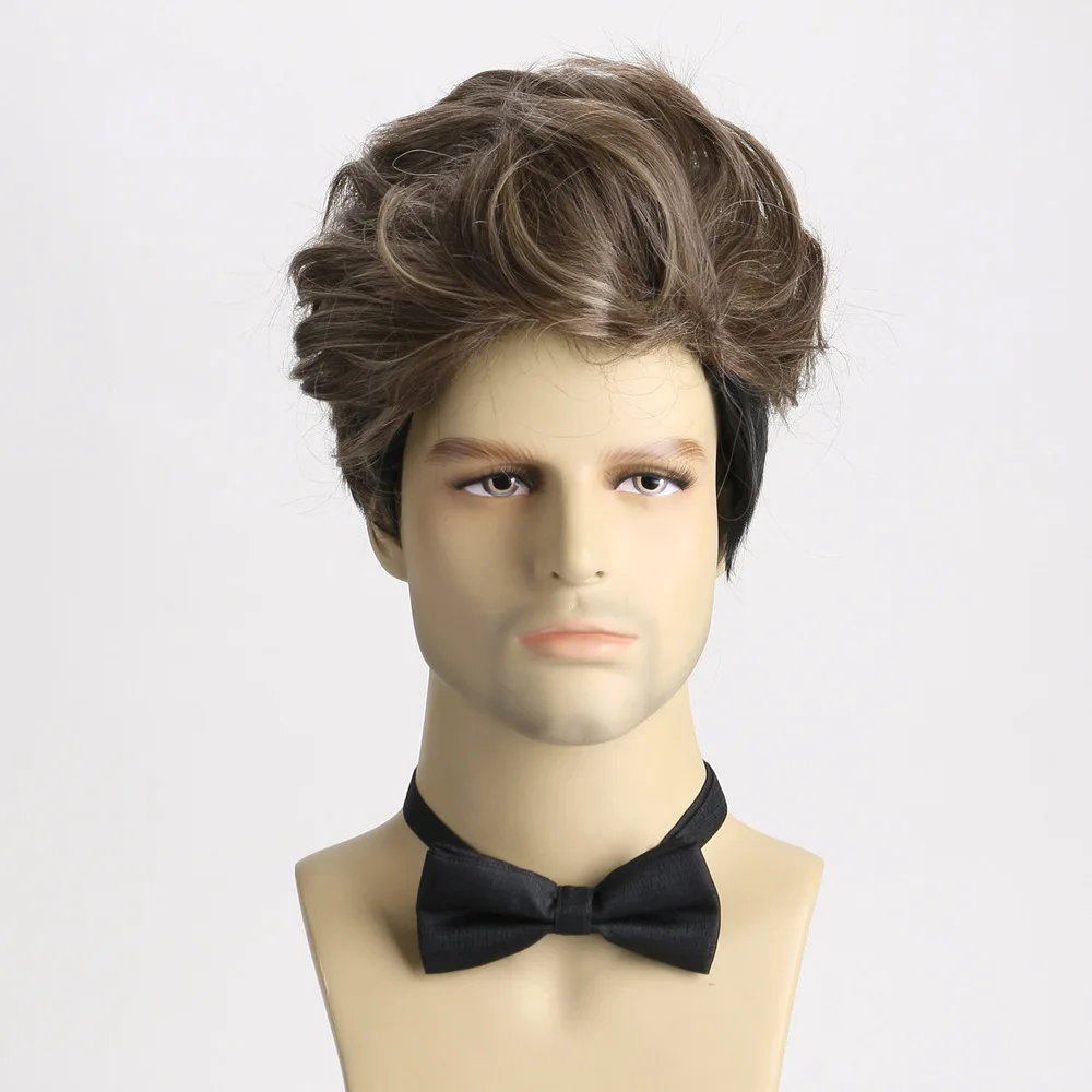 باروكات صناعية قصيرة بنية مختلطة للرجال، شعر مستعار منفوش بطبقات، شعر مستعار كوسبلاي يومي، شعر مستعار بقص عابث، مقاوم للحرارة