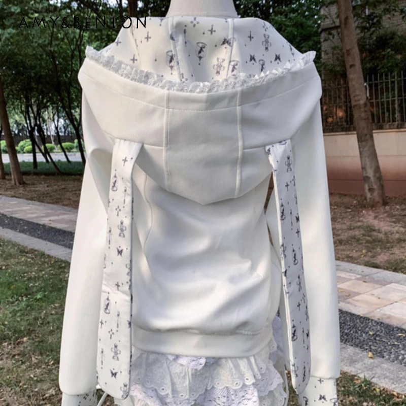 

Japanese Design White Sweet Lace Splicing Women's Long Sleeve Hooded Sweatshirt Autumn New Cute Age-Reducing Skirt Set Ladies