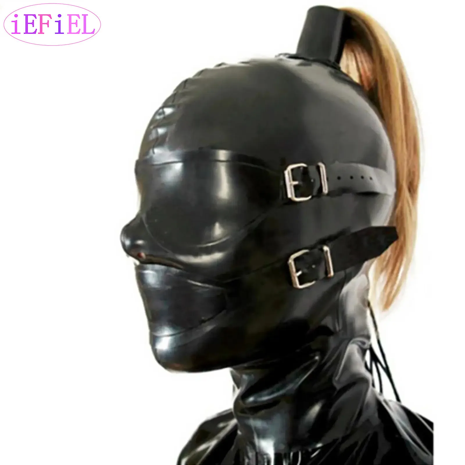 

Adult Unisex Latex Hood Mask Face Cover Head Cover Flirting Hair Ponytail Wig Detachable Eye Mask Party Night Club Cosplay Masks