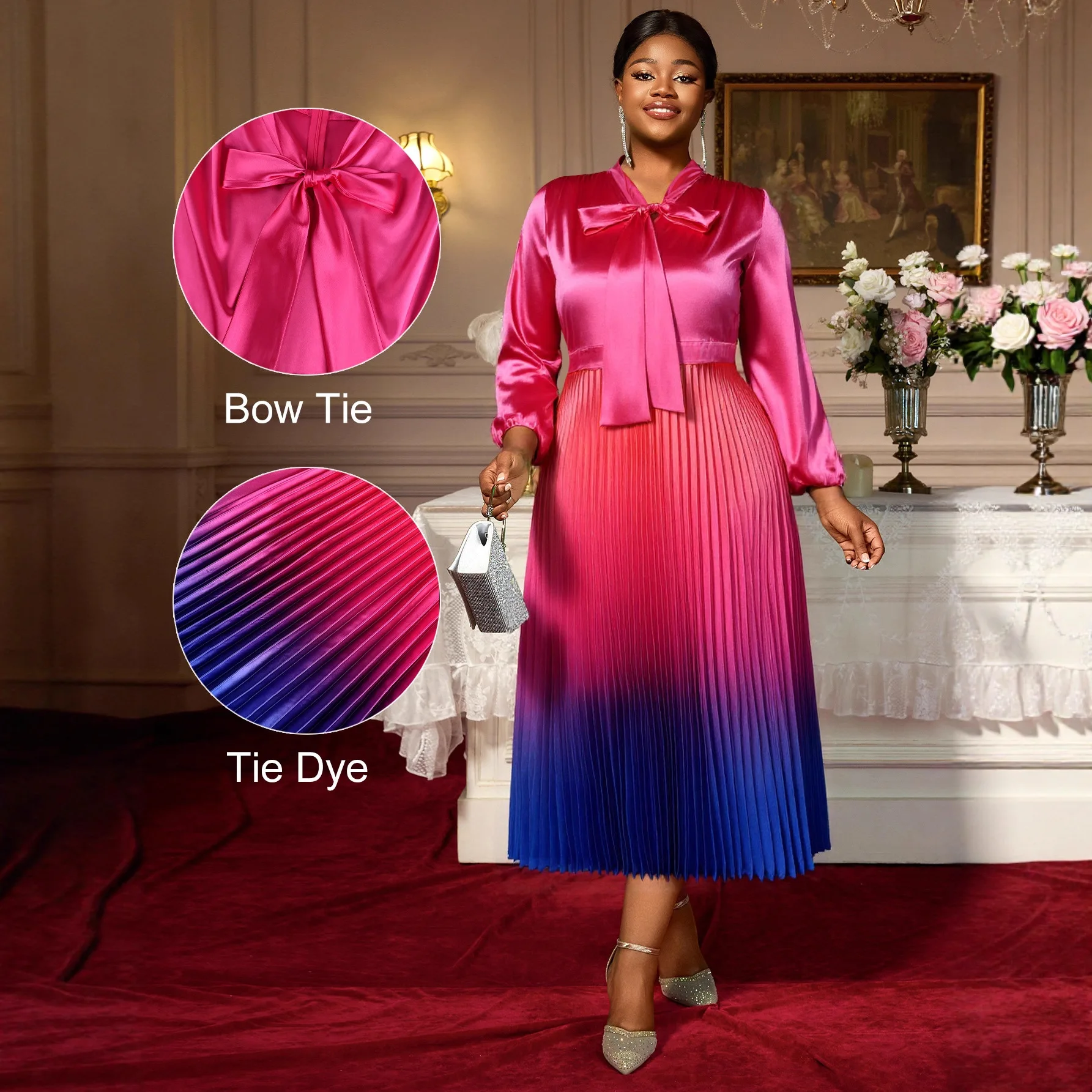 

Plus Size Women's Satin Bow Collar Gradient Pleated Skirt Elegant Romantic Dress 2026 Party Summer Elegantes Casual Y2k