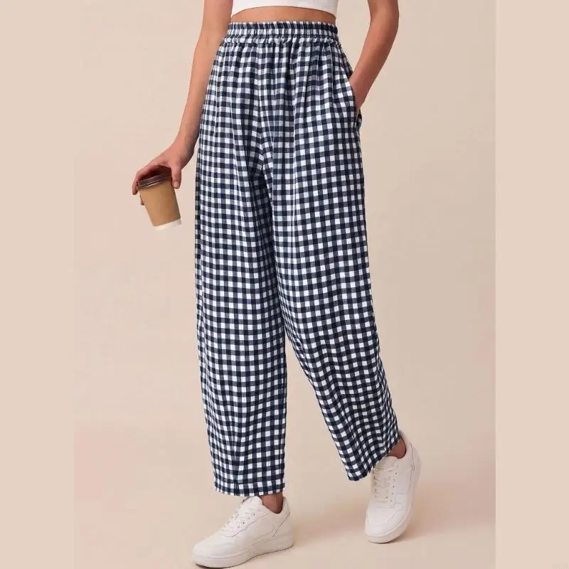 Trendy Spring Summer Check High Waist Palazzo Pants Elegant And Stylish Trousers 6XDA