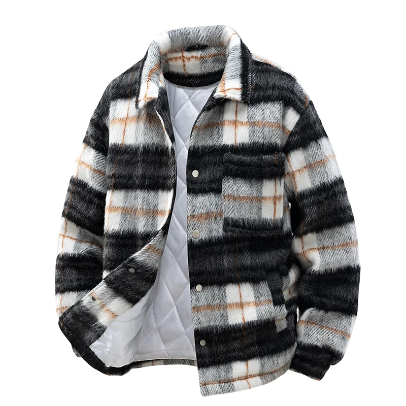 

Plush Plaid Silhouette Design Men's Lapel Work Jacket Retro Trendy Brand Warm Top Retro Plaid Plush Warm Men's Loose Button Jacket
