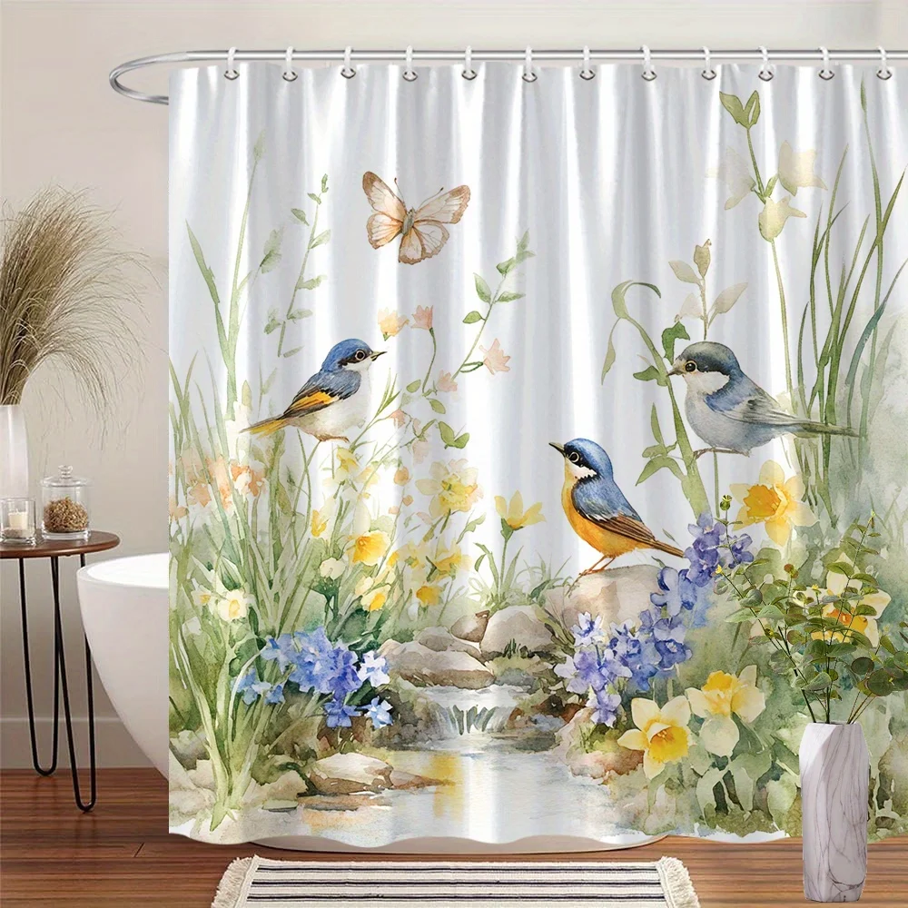 Shower/Bath Curtain 1pc Watercolor Birds Spring Garden Shower Curtain - Blue, Orange & Black Birds on Rocky Streambank with Daff