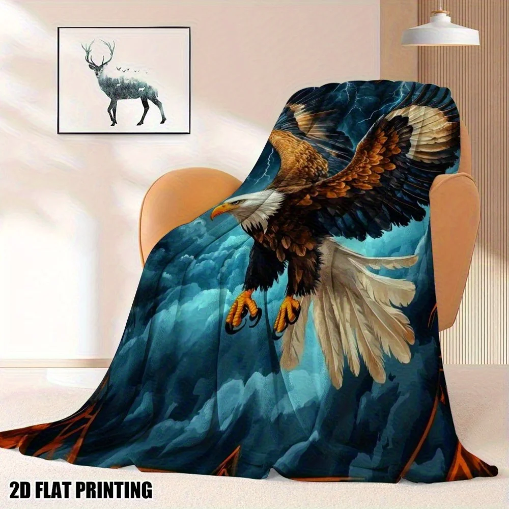 1pc Ultra-Soft Plush Flannel Throw Blanket with Stormy Eagle Flight Print – Ultra-Soft Polyester, All-Season Cozy Blanket for Be