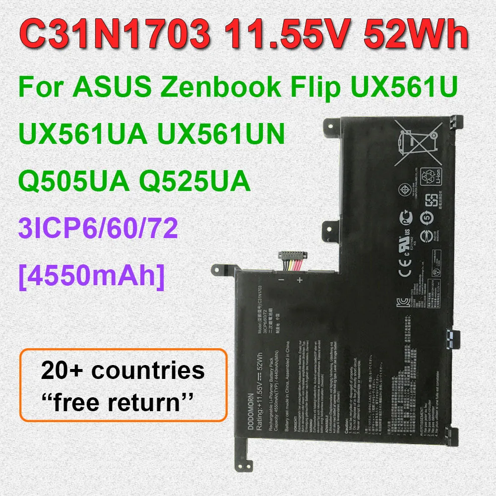 Laptop Battery C31N1703 For ASUS Zenbook Flip UX561U UX561UA UX561UN Q505UA Q525UA Series 3ICP6/60/72 11.55V 52Wh Batteries