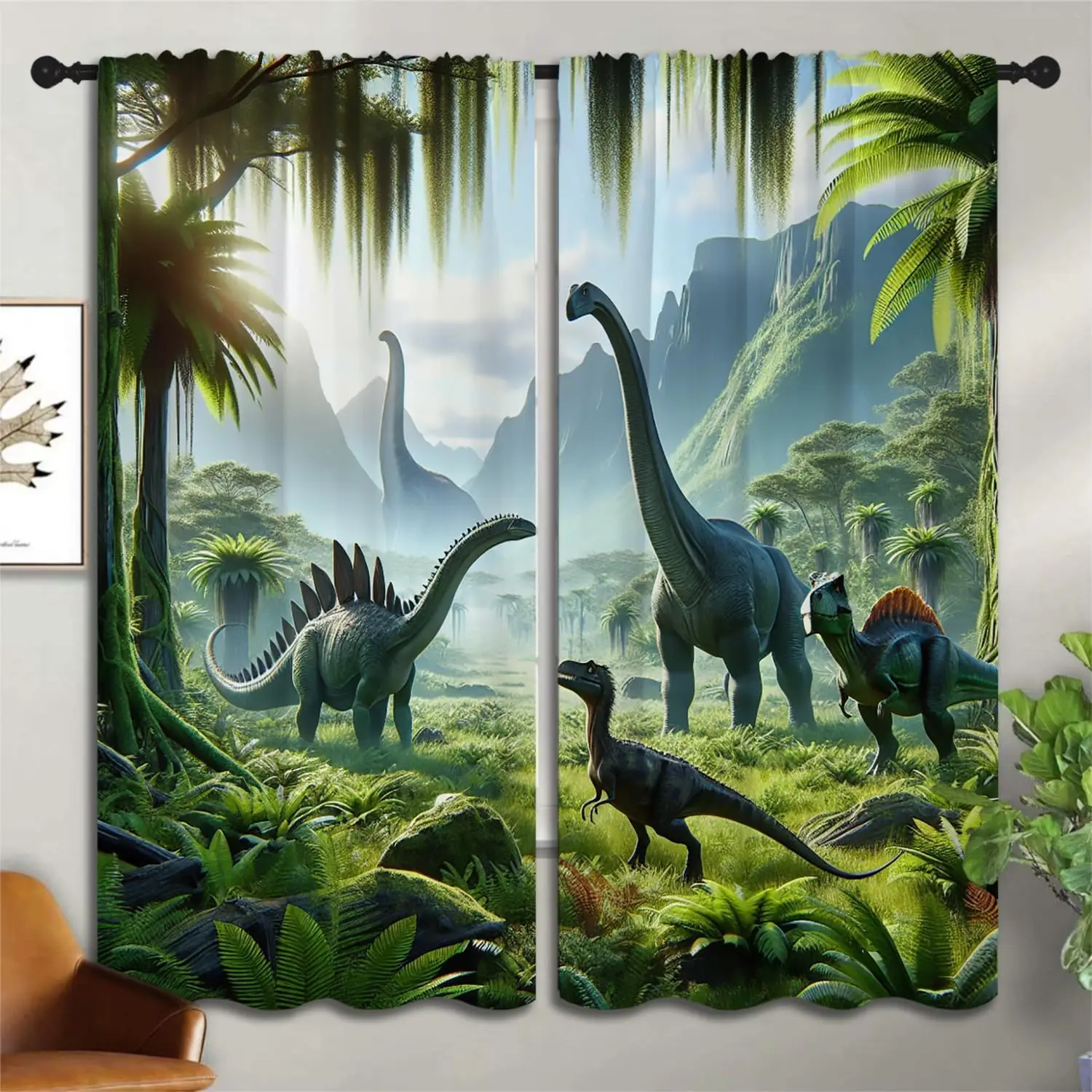 Kids Dino Curtain Brachiosaurus Stegosaurus Tyrannosaurus Green Prehistoric Forest Country Light Blocking Drape For Villa Dorm