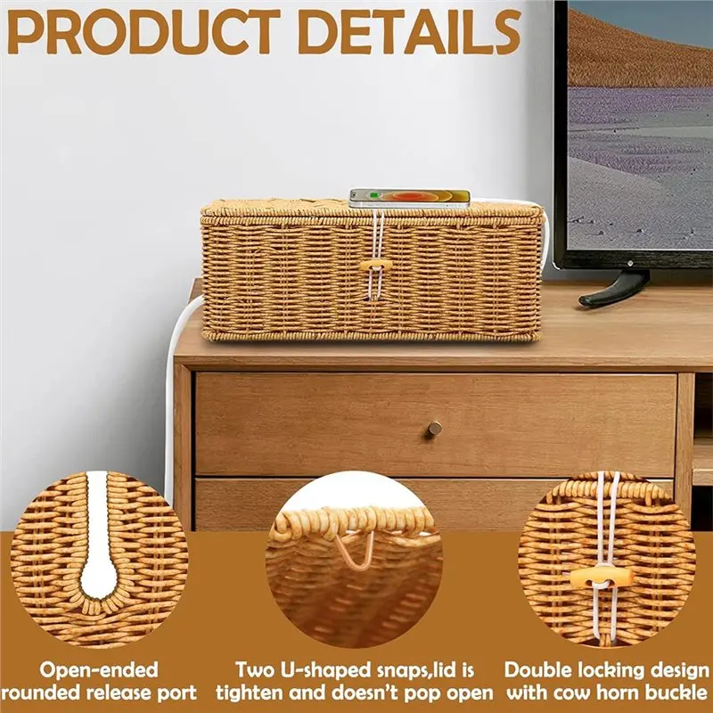 Reliable-2PCS Rattan Cable Management Box Handmade Cord Organizer Basket,2PCS Rattan Cable Management Box Handmade Cord Organize