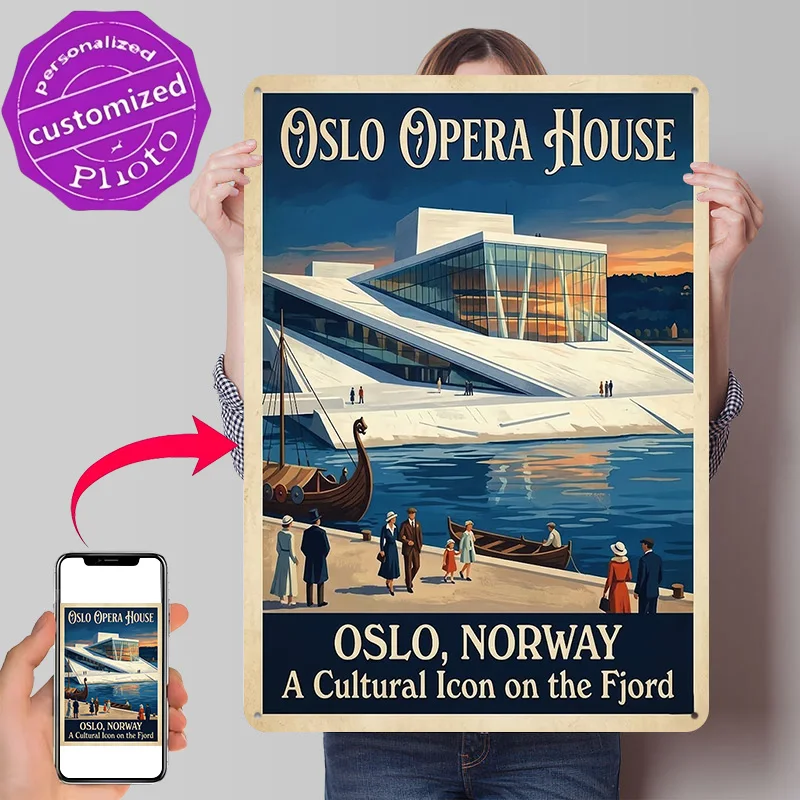 Oslo Opera House Travel Poster Retro 3D Printed Metal Signs Customized Wall Hanging Gift for Decoration Room Ornaments Wand Deko