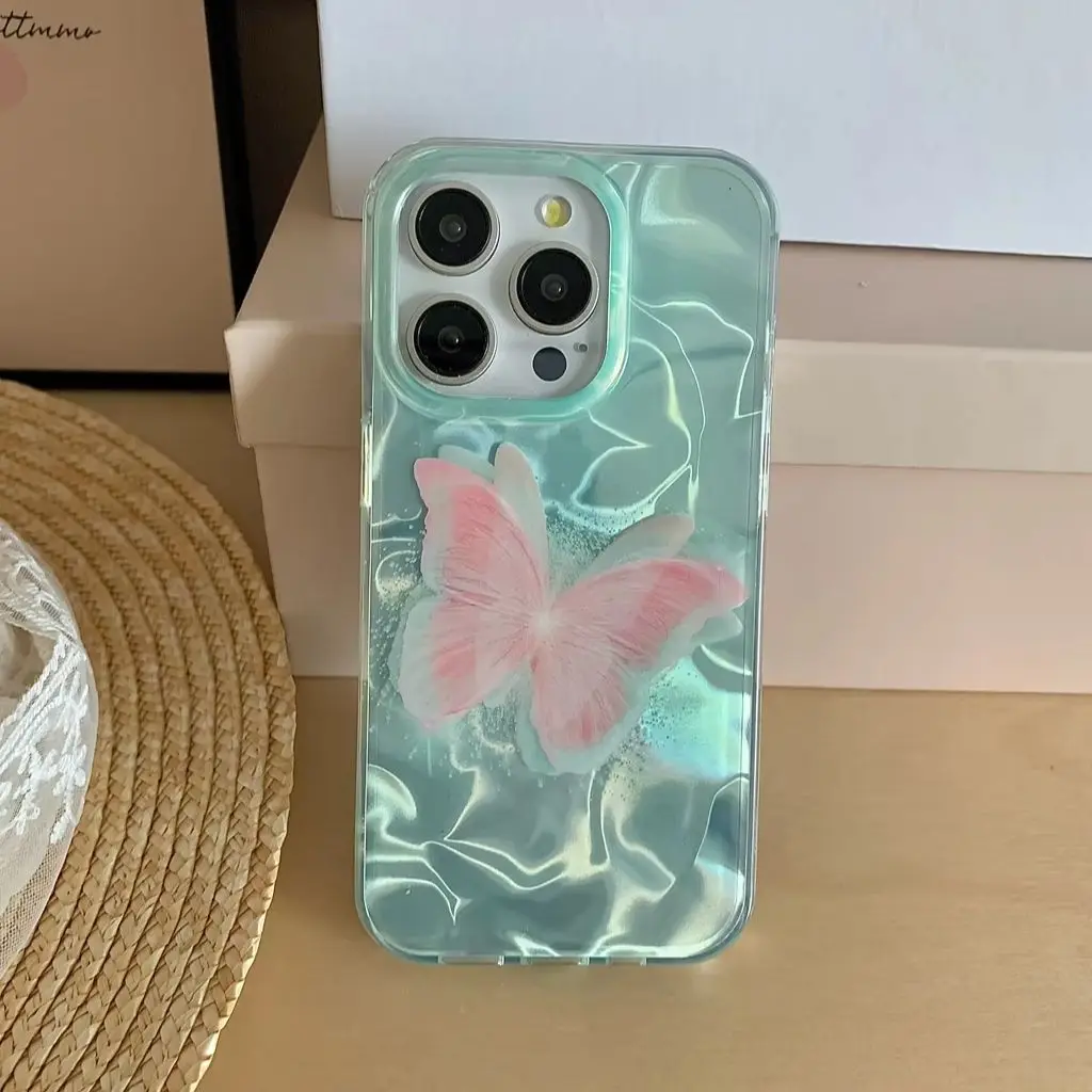 Ins Stylish Green Background Water Ripple Pink Butterfly Phone Cover Case For iPhone 15 14 13 12 Pro Max