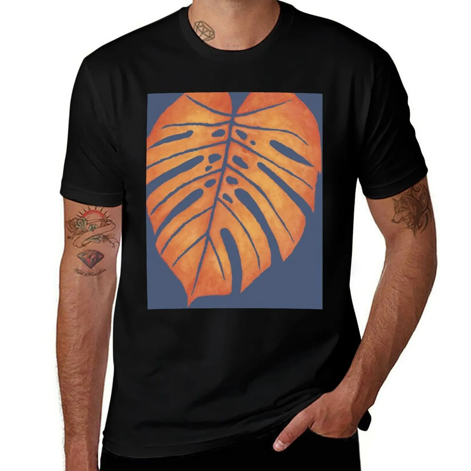 ORANGE MONSTERA LEAF – Watercolor Tropical Frond In Red & Yellow Against Slate T-Shirt cotton tshirt 100% T-Shirt