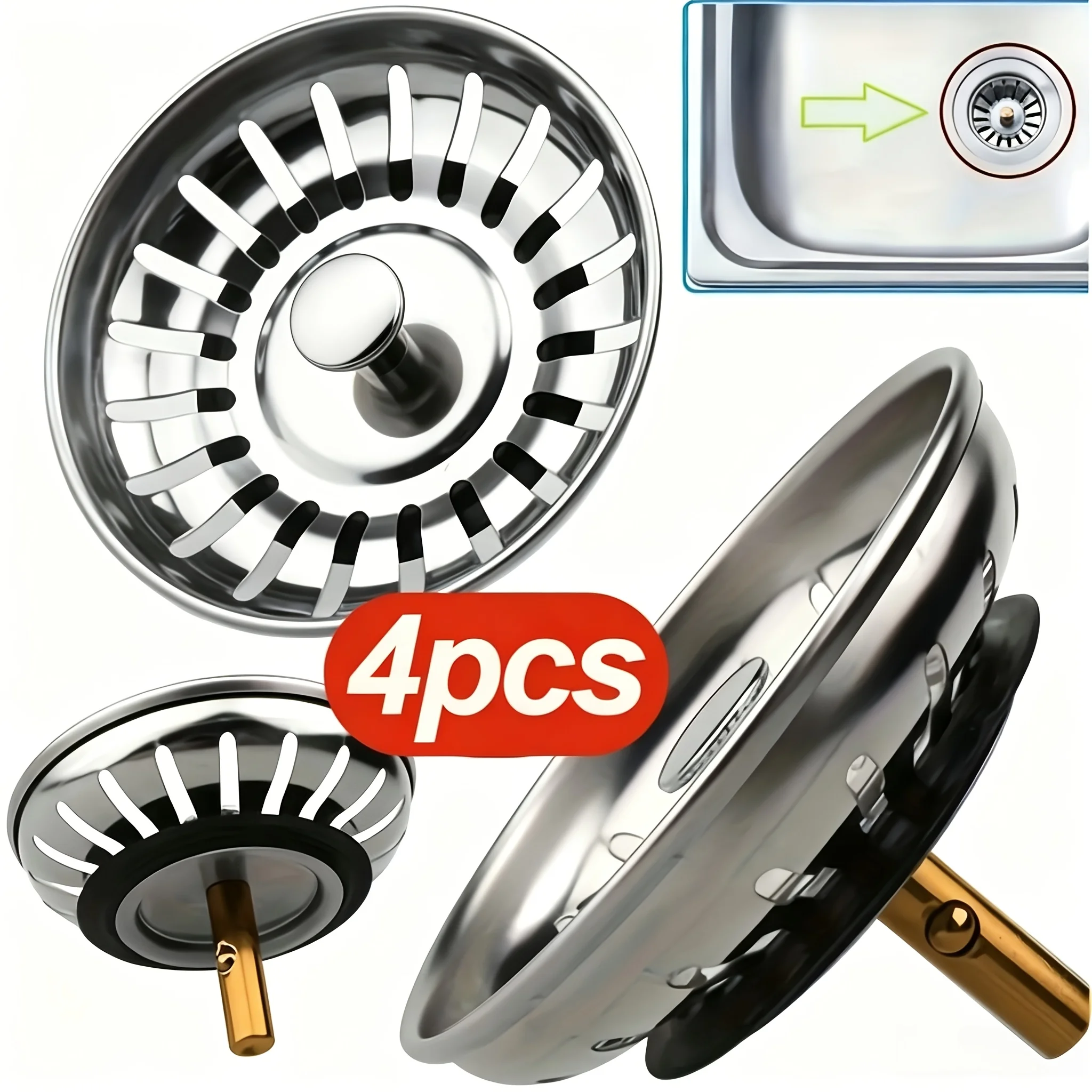 4-Piece Stainless Steel Kitchen Sink Strainer & Stopper Set – Features Hair Catcher, Anti-Clog Design, and Efficient Drainage