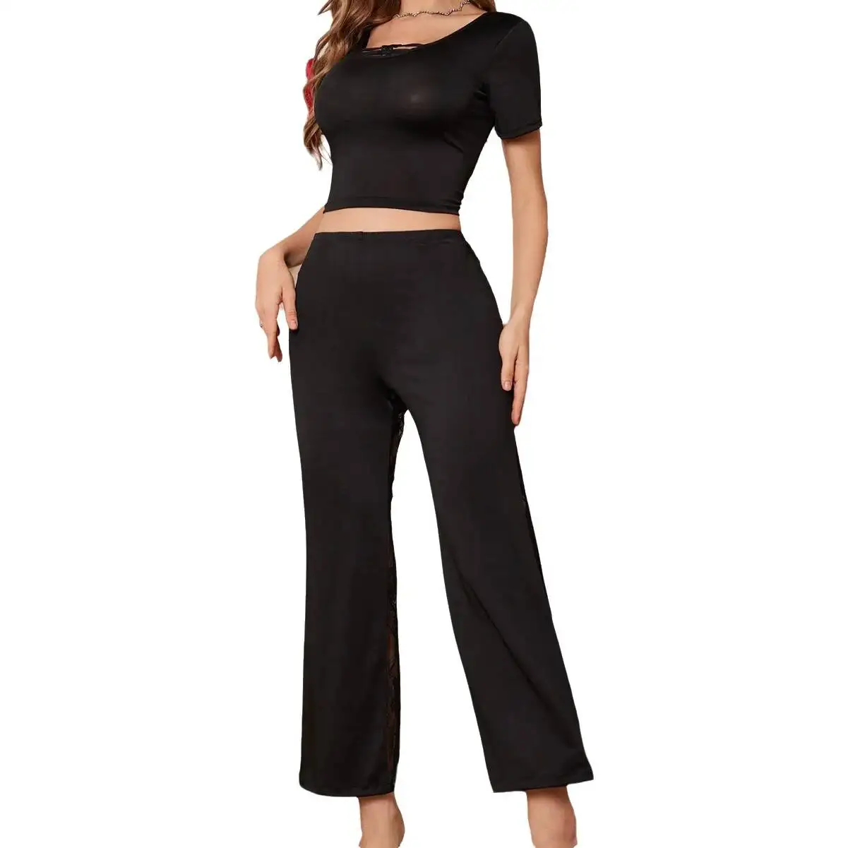 Women Two Piece Loungewear Set Short Sleeve Cutout Crop Top High Waist Flared Pants Side Lace Patch Casual Home Suit Casual L7AI