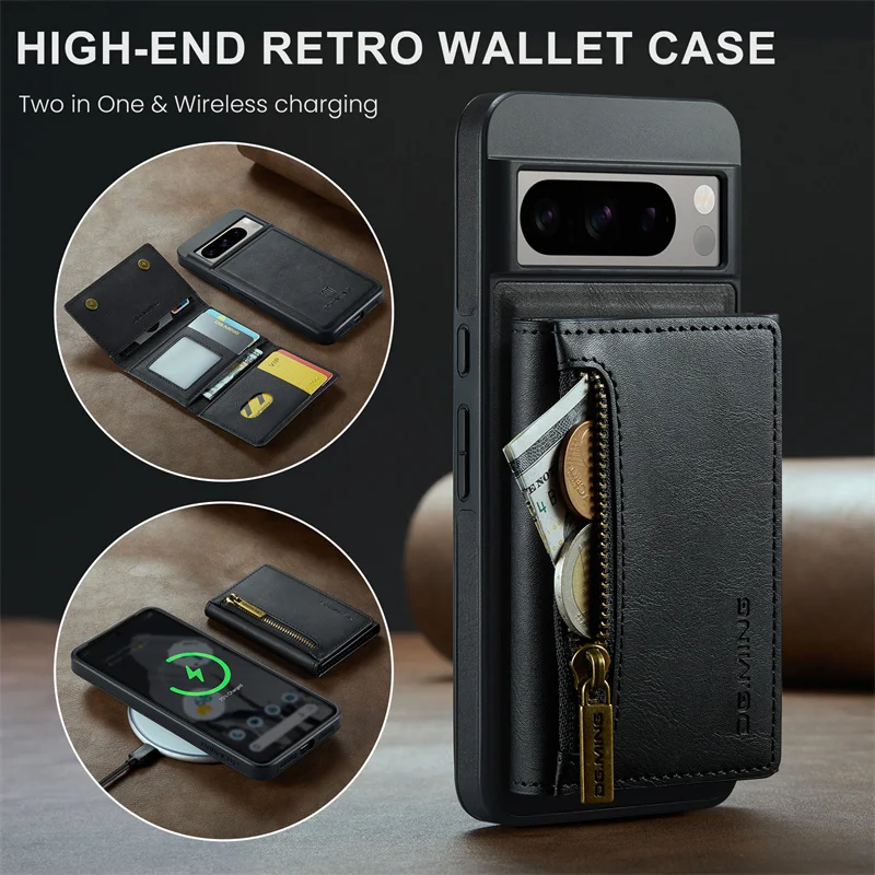 

Luxury magnetic detachable leather multifunctional phone case for Google Pixel 8 Pro wallet wireless charging phone case