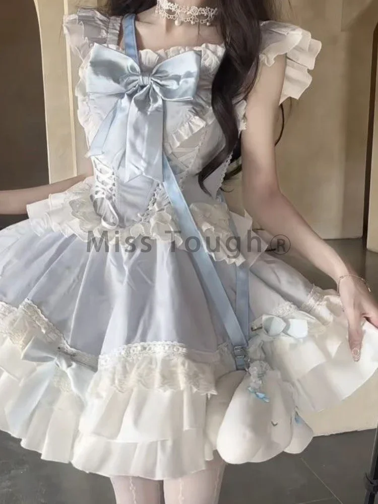 Kawaii Lolita Loose Square Neck Bow Dress Women Fashion Sweet Solid Ruffle Sleeveless Dresses Female Design  Patchwork Clothing