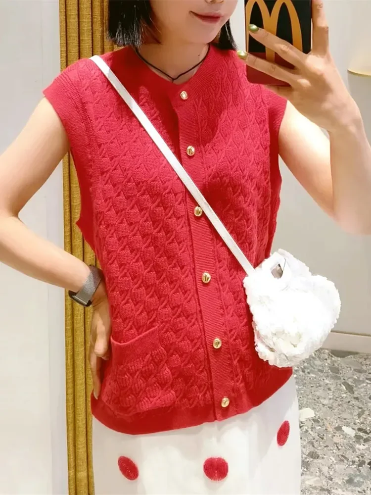 Women's Twisted Red Knitted Vest Top French Elegant Casual Versatile Cardigan Round Neck Single Breasted Double Pockets Sweater