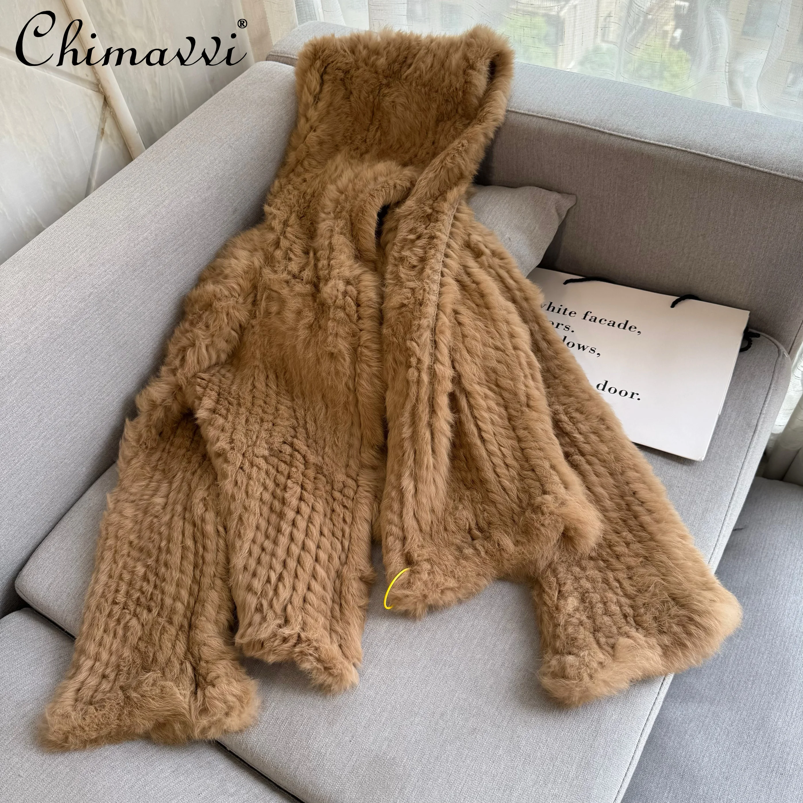 

Elegant Socialite Real Rabbit Fur Coats Hood Single-Breasted Loose Fit Versatile Thickened Warm Short Fur Jackets Women Winter