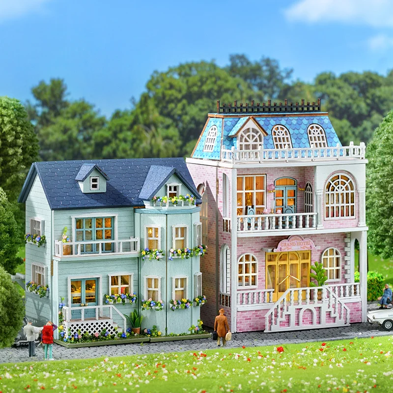 Mini Dollhouse com Móveis Luz, Casa de Bonecas, Artigos em Miniatura, Brinquedos DIY, Presentes de Aniversário