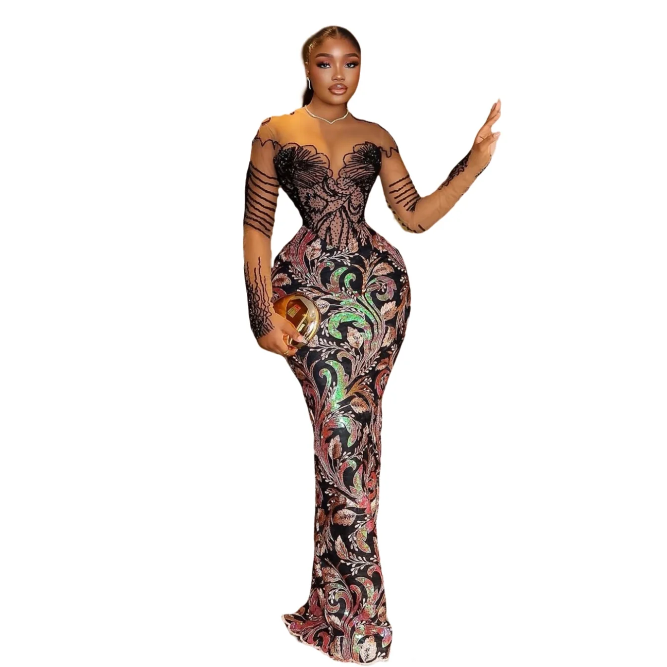 2025年 ブラック シース プロムドレス プリント ビーズ クリスタル フルスリーブ イブニング フォーマル パーティー バースデー ガウン ドレス ZJ676