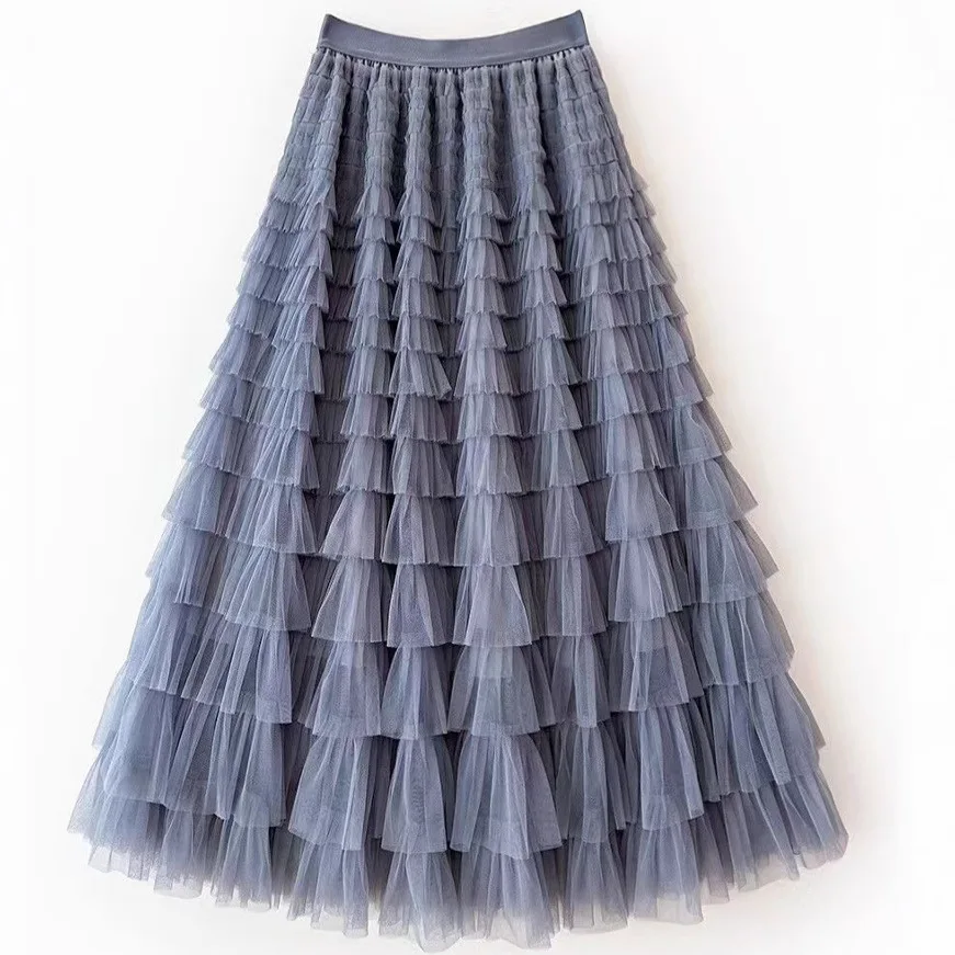 2026 New Women Elastic High Waist Tiered Layered Tulle Midi Skirt Ruffle Fluffy A‑Line Fairy Swing Ladies Long Skirt