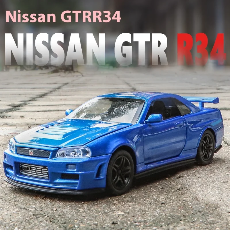 1:32 Nissan Skyline Ares GTR R34, металлическая литая спортивная гоночная машина, искусственная кожа, детская игрушка, подарок для мальчика