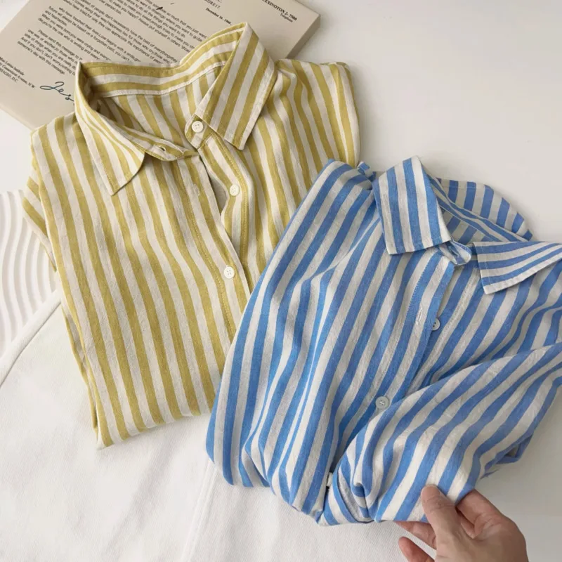 

Women Vertical Striped Long Sleeve Shirts Spring Summer Turn-Down Collar Loose Korean Casual Shirt Top