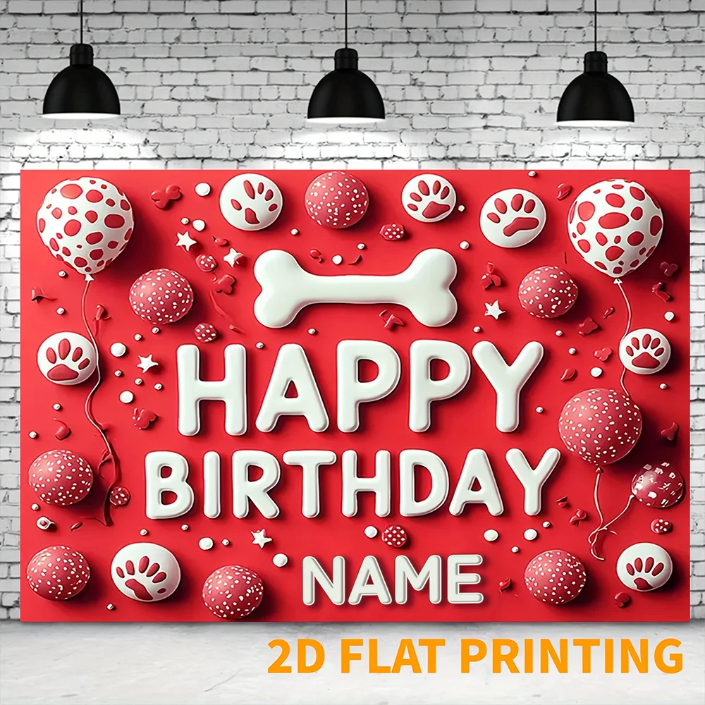 1pc  Red Paw Print Dog Happy Birthday Backdrop Custom Name Pet Birthday Party Banner Decoration