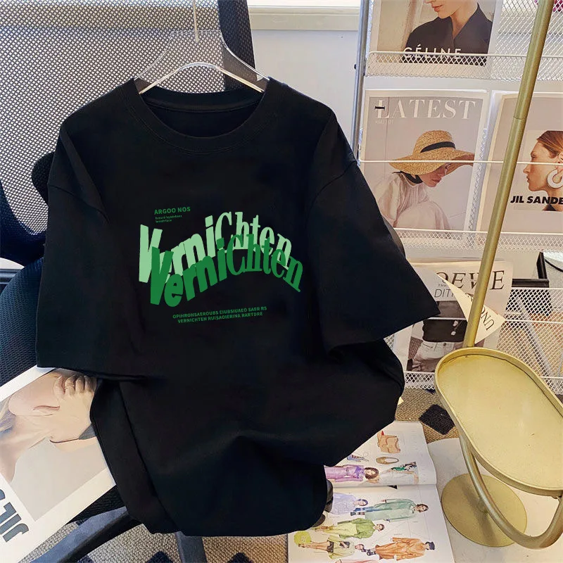 Herren-T-Shirt mit grünem Schriftzug, kurzärmeliges, lässiges, locker sitzendes Oberteil im Streetwear-Stil für den Sommer