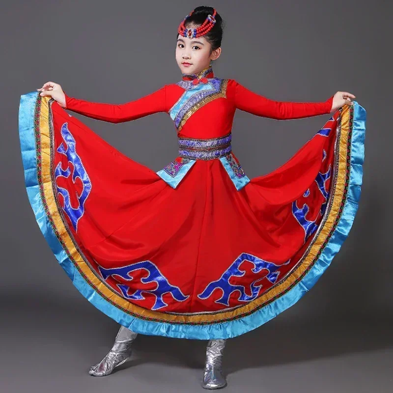 Children Mongolian Dance Costume Chinese Ancient National Dance Dress Stage Dancewear Girl Tibetan Dance Outfit Minority Costume