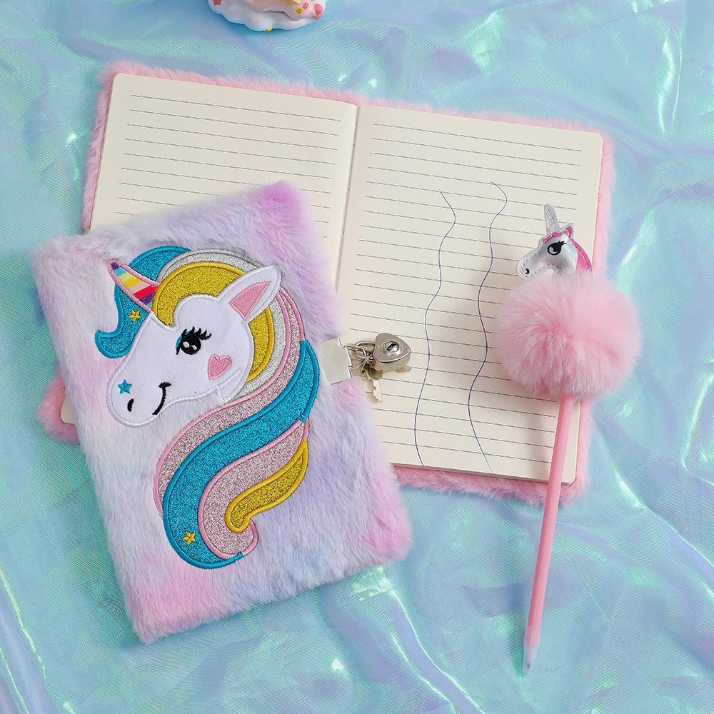 Cute Plush Cartoon Unicorn With Lock Notebook Ball Pen Set Gift Children\'s Kawaii Daily Handbook Kid Gifts