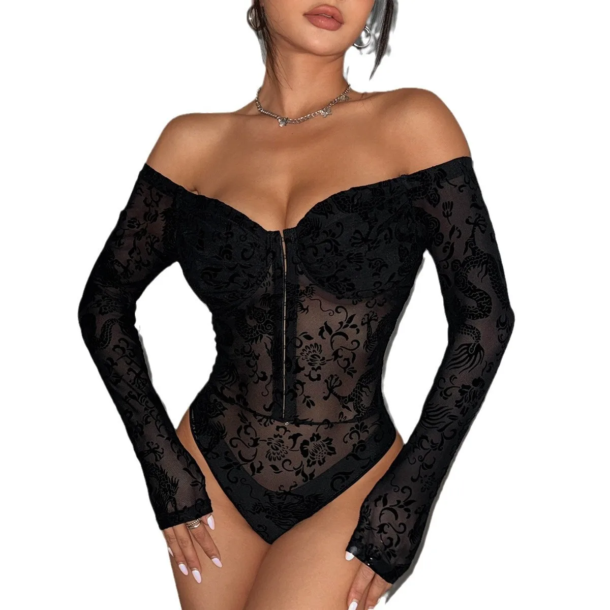 2025 new millennial style classic dragon pattern breasted sexy cool drag hot girl slim close-fitting semi-transparent shoulder o