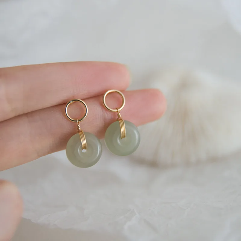 Natural Jade Donut Earrings Carved Gemstone Stone Ear Studs Lucky Real Jewelry