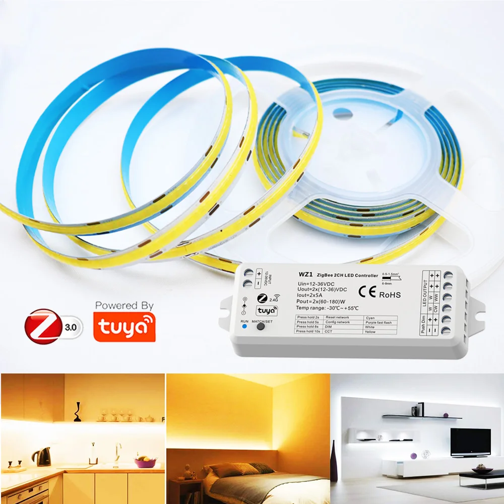 Tuya Zigbee 3.0 LED Controller 12V 24V COB LED Strip CCT Warm White Flexible Tape Ribbon Light APP Voice Control fr Alexa Google