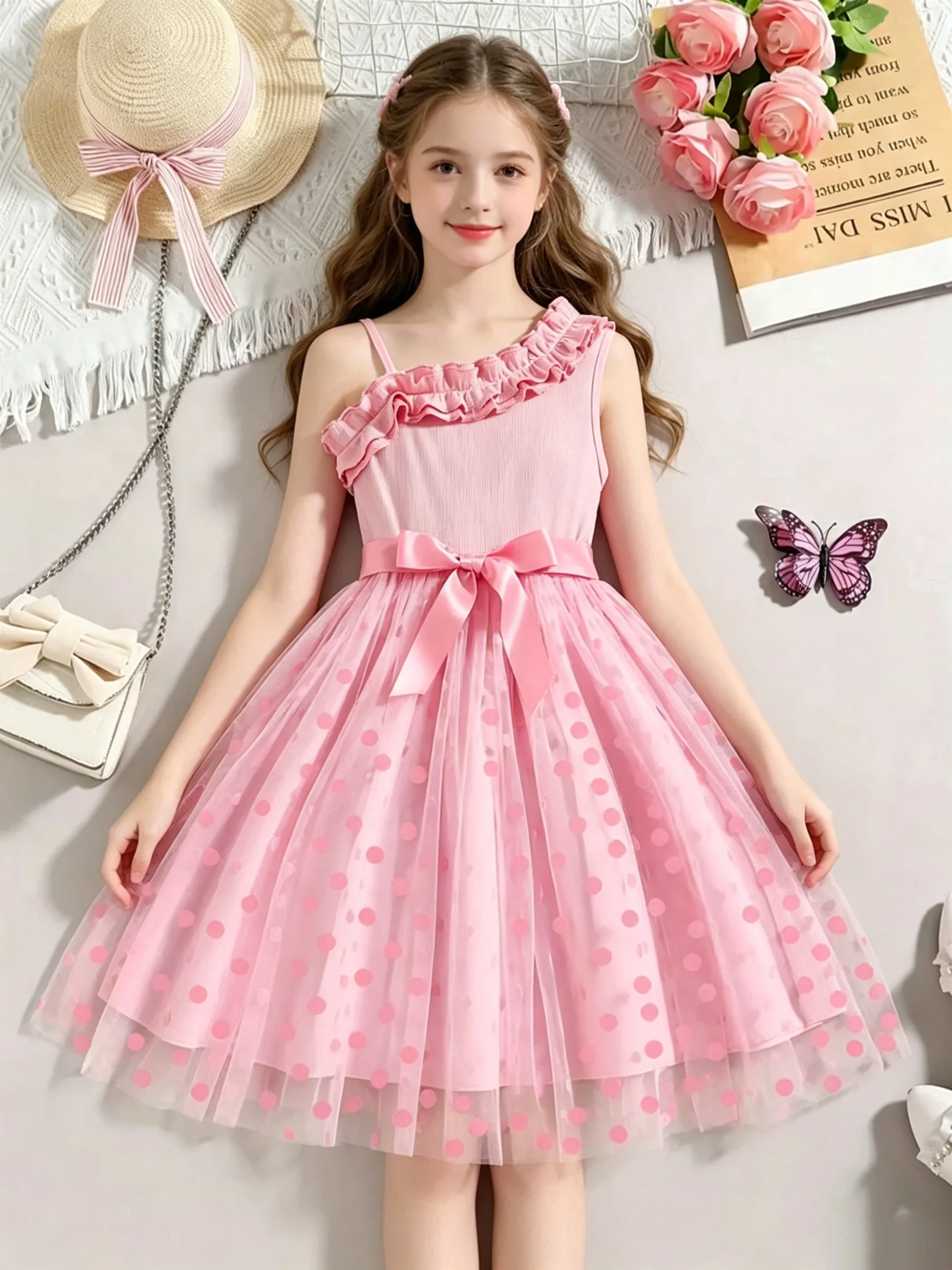 Sommer Mädchen Rüschen-Dekoration Cami Tutu Kleid Prinzessin Mesh Kinderkleid Freizeit Süßer Stil