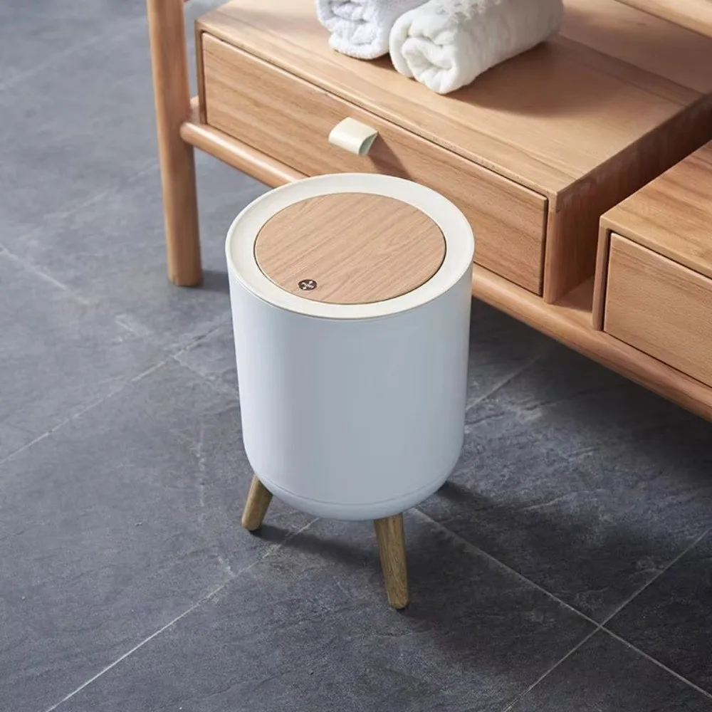 Durable Press Cover Waste Bin High Leg White Color Paper Basket with Lid Round Shape Trash Can Living Room
