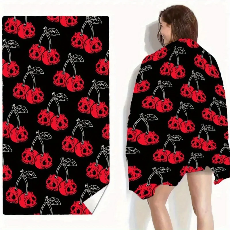 Gothic Skull Cherry Beach Towel Microfiber Red Fruit Skeleton Bath Towels Creative Wearable Shawl Wrap Quick Dry Blanket