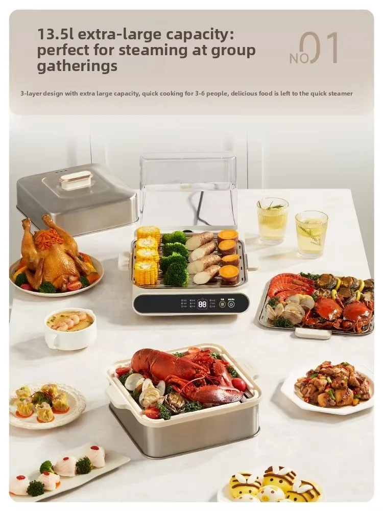 Intelligent Stainless Steel Electric Steamer Three-layer Large-capacity Household 4-6 People Multi-function Reservation Visual