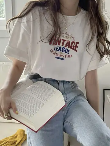 여성용 빈티지 리그 레터 프린트 티셔츠, 편안한 O-넥 반팔, 부드러운 오버사이즈 의류, 코튼 탑, 여름 패션