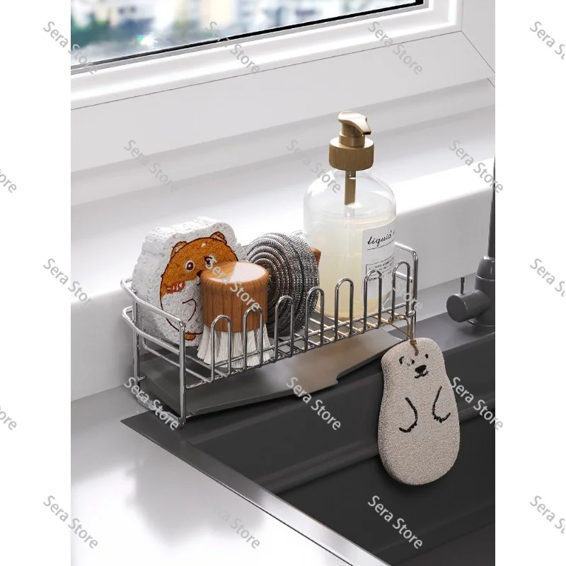 Sponge Drain Rack with Stainless Steel Dishcloth Holder Kitchen Sink Faucet Shelf with Narrow Edge