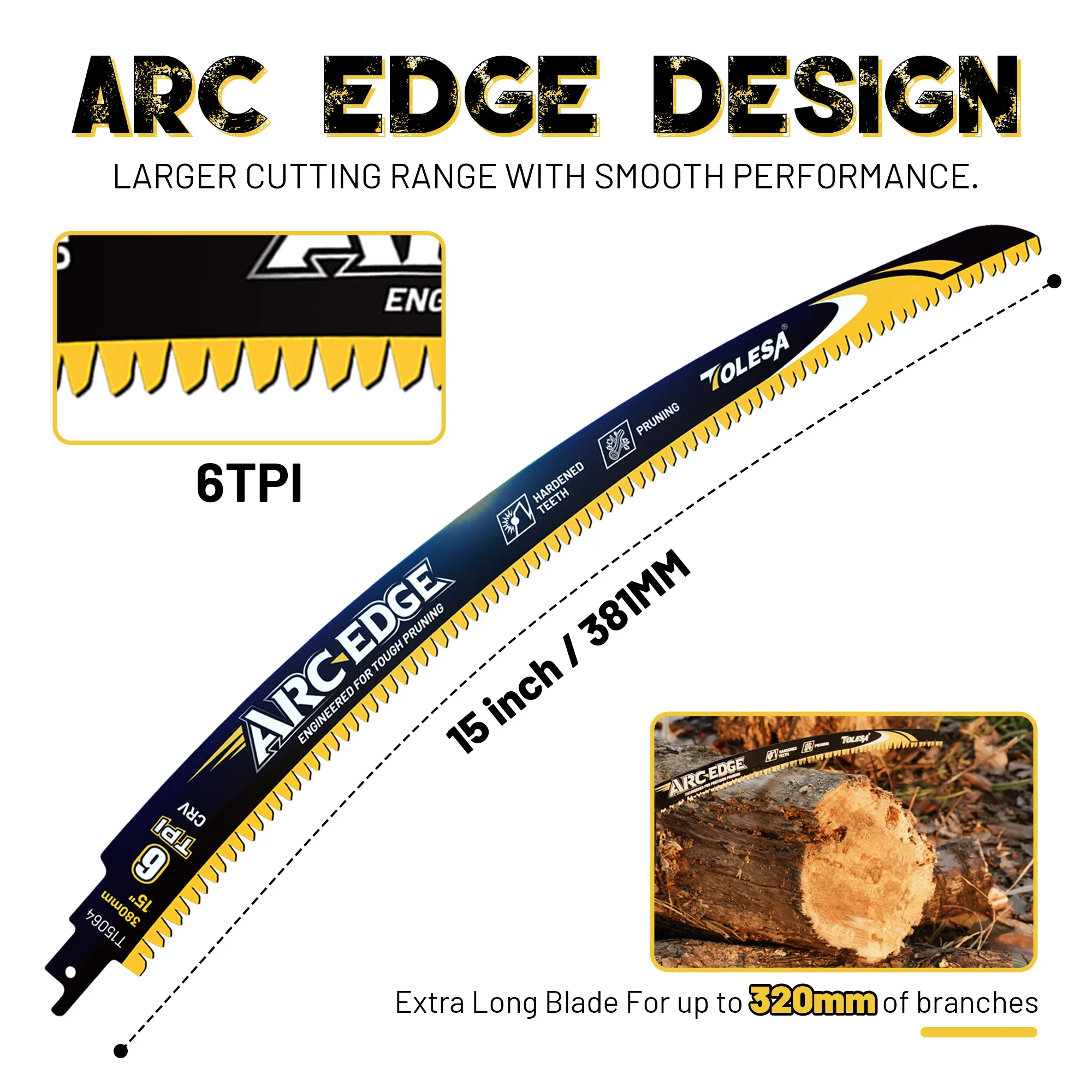 TOLESA 15 Inch Arc Edge Reciprocating Saw Blade for Wood Pruning, 6TPI Japanese Teeth Sawzall Blades for Tree Trim Wood Cut 3PCS