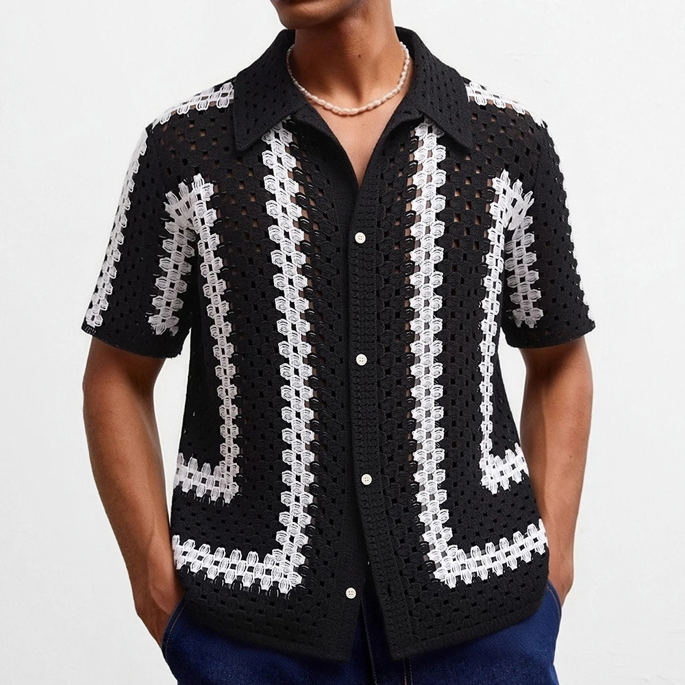 Mens Black White Striped Color Block Openwork Knit Sweater Summer Fashion Niche Party Casual Polo Shirt Men'S Clothing 2026 New