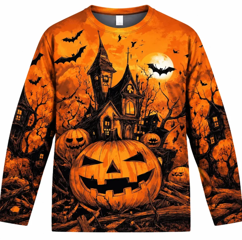 Unisex Full 3D Print Long Sleeve T Shirt Halloween Haunted House Pumpkin Bat Moon Pattern Crew Neck Casual Streetwear Top