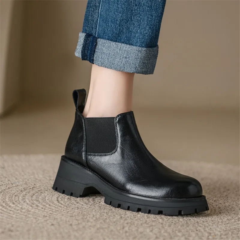 Autumn Split Leather Ankle Boots Women Round Toe Chunky Heel Platform Boots for Women Winter Short Boots Concise Women Boots