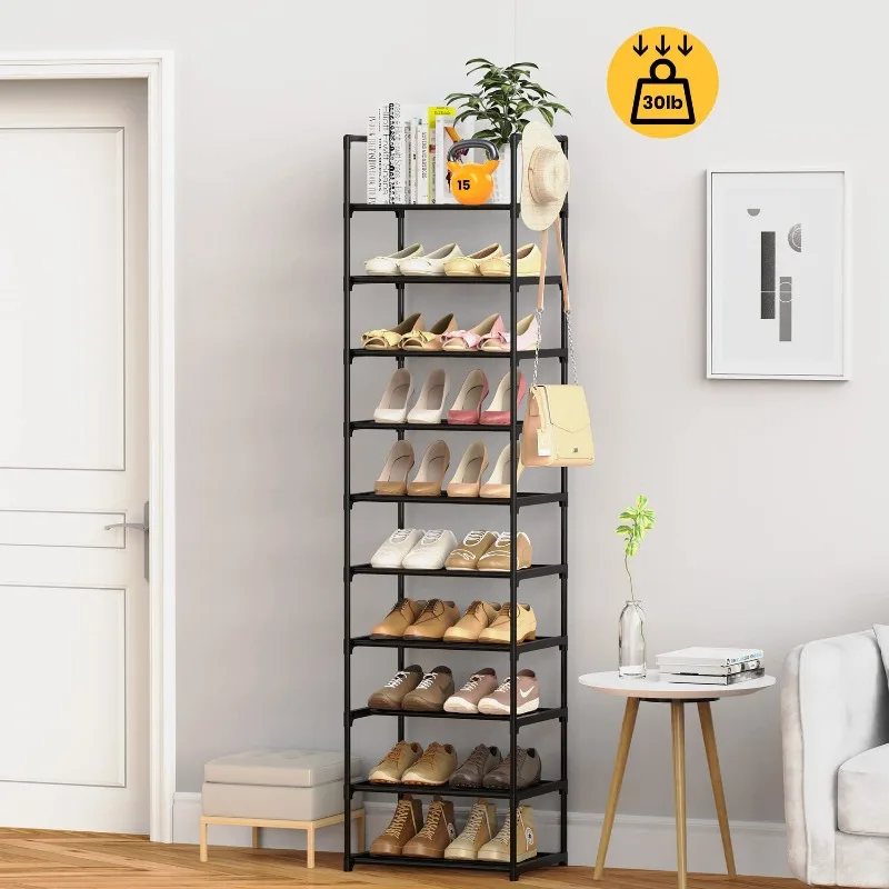 Modern 10-Tier Tall Shoe Rack Organizer Narrow Metal Vertical Stackable Shoe Stand for Closet Entryway or Corner shoe shelves