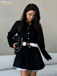 Clacive Fashion Loose Black Cotton Skirts Set For Women 2 Piece 2025 Elegant Long Sleeve Crop Top With High Waist Mini Skirt Set