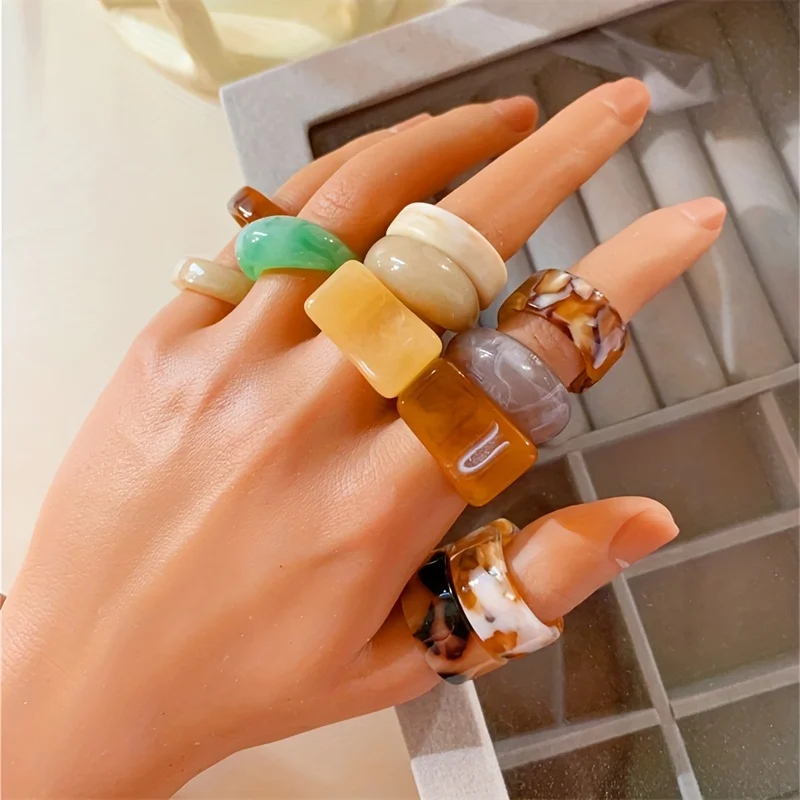 11 piece Bohemian retro style acrylic resin gold foil ring set for women with dopamine personality and unique design, wide face