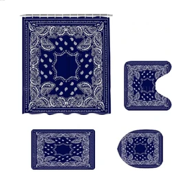 Paisley Bandana Navy Blue Boho Mandala Floral Shower Curtain Sets Non-slip Carpet Toilet Lid Cover Bath Rug Bathroom Decor