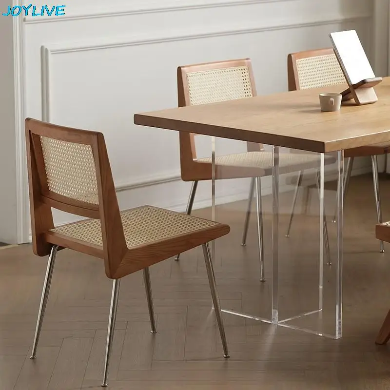 JOYLIVE-Silla de comedor de ratán para uso en el hogar, mueble sencillo de madera maciza, de acero inoxidable, estilo japonés, cálido