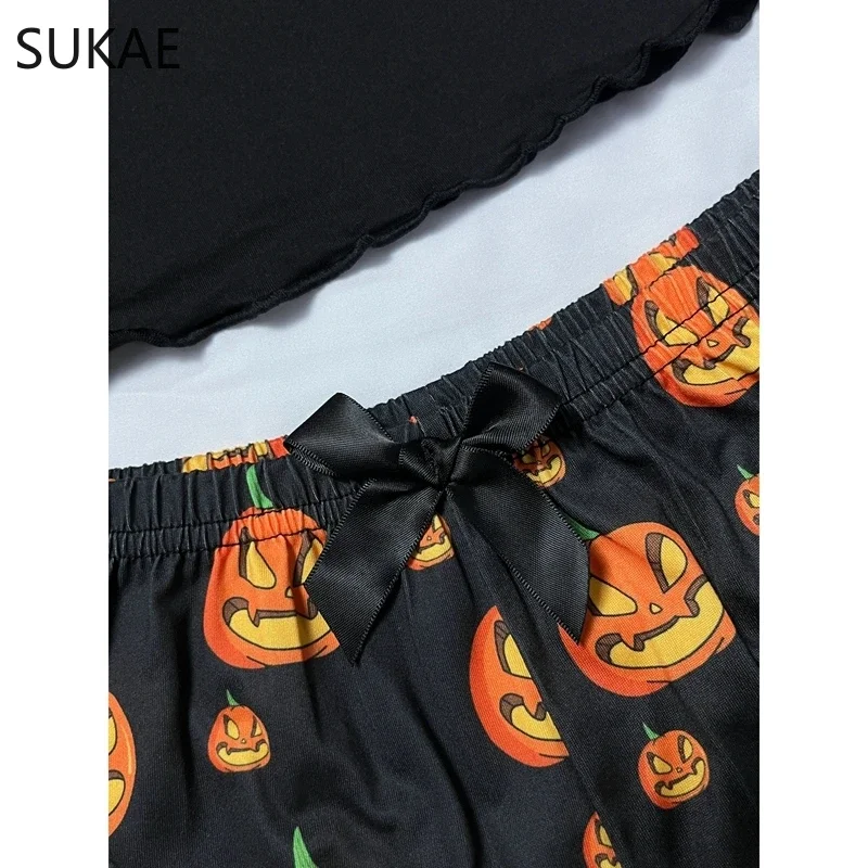 SUKAE HOT Halloween 2PCS Set Cute Prumpkin Party Nightie Spaghetti Strap Pajama Women Tank Top Shorts Lingerie Sleeveless Pijama