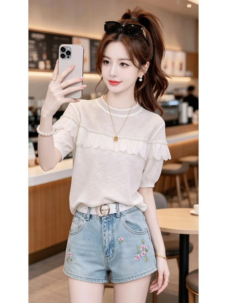 

Ice Silk Knitted Top Women's Summer New Gentle Style Casual round Neck Breathable Loose Fit Short Sleeve T-Shirt Daily Wear
